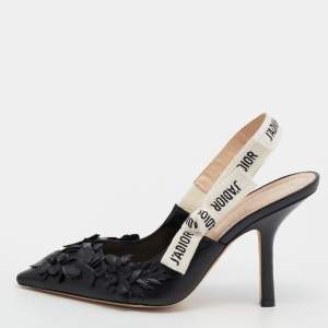 Dior Black Leather Applique Flowers J'Adior Pointed Toe Slingback Sandals Size 37