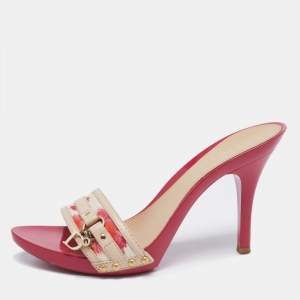 Dior Pink/Cream Patent Leather Open Toe Slide Sandals Size 40.5
