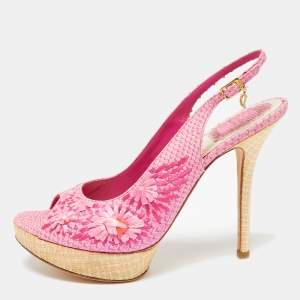 Dior Pink Python Embossed Leather And Raffia Embellished Platform Sandals Size 40.5