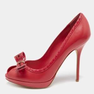 Dior Imperial Red Cannage Leather Peep Toe Bow Detail Platform Pumps Size 40.5