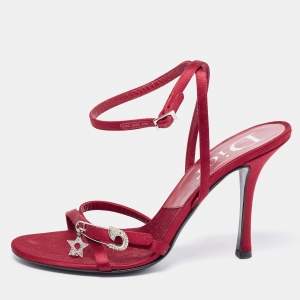 Pre Owned Dior Burgundy Satin Safety Pin Crystal Embellished Sandals Size 38