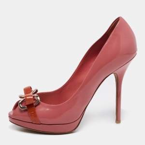 Dior Pink/Orange Patent Leather Bow Detail Peep Toe Platform Pumps Size 38