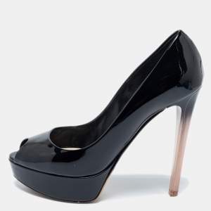 Pre Owned Dior Black Patent Leather Peep-Toe Platform Pumps Size 38