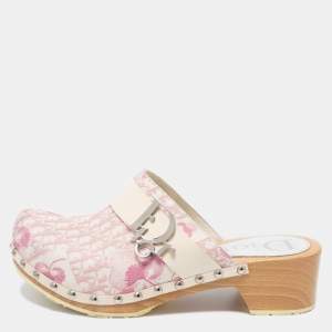 Dior Pink/White Diorissimo Canvas And Patent Leather Trim Clog Mules Size 37
