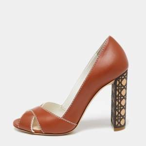 مملوكة مسبقًا Dior Brown Leather Criss Cross Cannage Heel Peep Toe Pumps Size 36