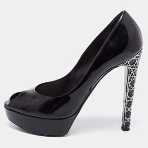 Dior Black Patent Leather Cannage Heel Peep Toe Platform Pumps Size 39.5