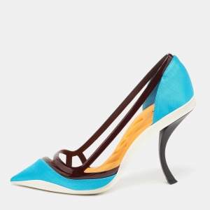 Pre Owned Dior Blue/Dark Burgundy Canvas and Patent Leather Curved Heel Pumps Size 38.5