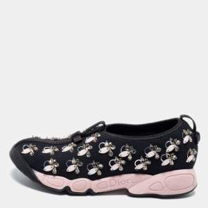Pre Owned Dior Black/Pink Crystal Embellished Mesh Fusion Slip-On Sneakers Size 37.5