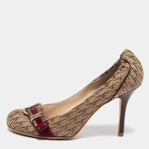 مملوكة مسبقًا Dior Beige/Burgundy  Logo Canvas And Leather Trim Buckle Detail Pumps Size 39