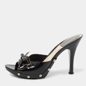 Pre Owned Dior Black  Patent Leather Bow Detail Peep Toe Sandals Size 36