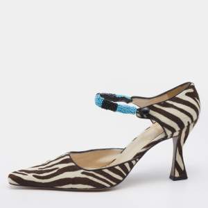 Pre Owned Dior White/Brown Zebra Print Calf Hair Embellished D'orsay Pumps Size 39.5