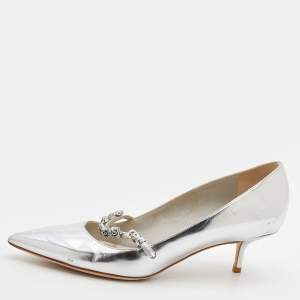 Pre Owned Dior Silver Leather Pointed Toe Flower Mary Jane Pumps Size 38.5