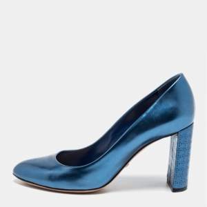 Pre Owned Dior Blue Patent Leather Cannage Block Heel Pumps Size 36.5