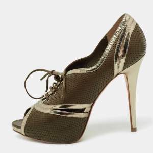 Pre Owned Dior Olive Green/Light Gold Perforated and Leather Lace-Up Open-Toe Pumps Size 38