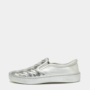 Dior Metallic Silver Woven Leather Slip On Sneakers Size 35
