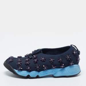 Pre Owned Dior Navy Blue Mesh Crystal Embellished Fusion Slip On Sneakers Size 37