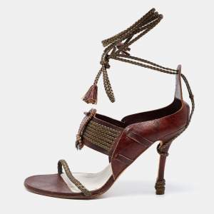 Dior Olive Green/Brown Braided and Leather Vintage Escarpin Ankle-Tie Sandals Size 38