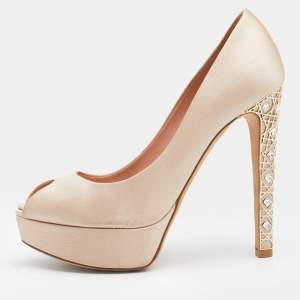 مملوكة مسبقًا Dior Beige Satin Cannage Heel Peep Toe Platform Pumps Size 38.5