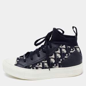 مملوكة مسبقًا Dior Blue/White Knit Fabric and Leather Walk'n'Dior High-Top Sneakers Size 36