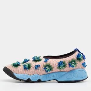 Pre Owned Dior Pink Mesh Fusion Floral Embellished Slip On Sneakers Size 37