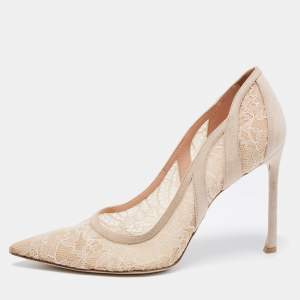 Pre Owned Dior Beige Lace And Suede Chantilly Pointed Toe Pumps Size 39