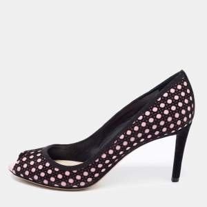 مملوكة مسبقًا Dior Black/Pink Cannage Cutout Suede And Leather Peep Toe Pumps Size 39