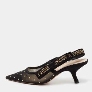Dior Black Mesh And Suede J'adior Studded Pointed Toe Slingback Sandals Size 37