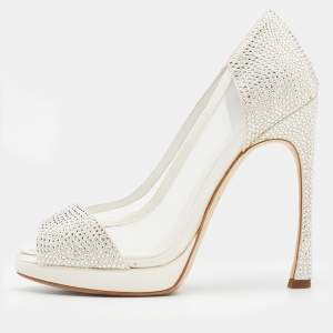 Dior White Crystal Embellished Suede And Mesh Peep Toe Pumps Size 37