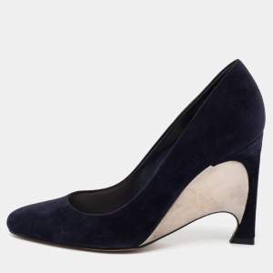 مملوكة مسبقًا Dior Navy Blue Suede Optique Wedge Pumps Size 37