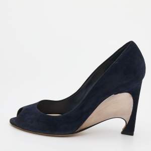 Pre Owned Dior Navy Blue Suede Peep Toe Optique Wedge Pumps Size 38.5