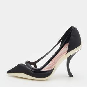 مملوكة مسبقًا حذاء كعب عالي ديور جلد لامع وقماش أسود مقدمة مدببة كعب منحني مقاس 35.5