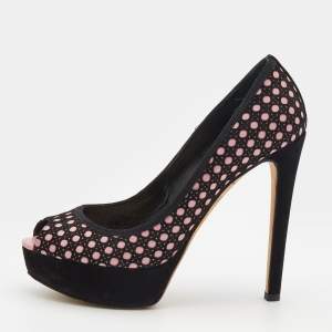 Pre Owned Dior Black/Pink Cannage Cutout Suede And Leather Peep Toe Platform Pumps Size 40