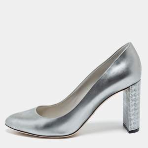Pre Owned Dior Silver Patent Leather Cannage Block Heel Pumps Size 38