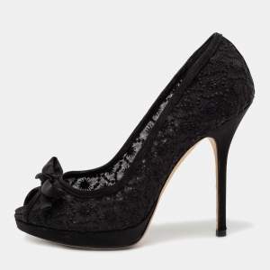 Pre Owned Dior Black Lace And Satin Peep Toe Pumps Size 38