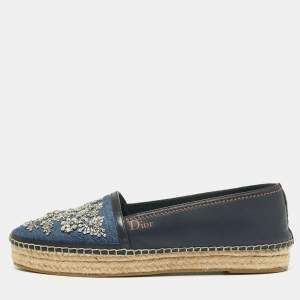 Pre Owned Dior Two-Tone Crystal Embellished Denim and Leather Flat Espadrilles Size 40
