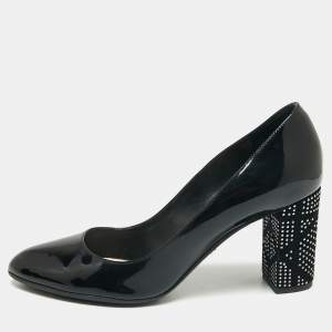 Dior Black Patent Leather Stud Embellished Block Heel Pumps Size 38
