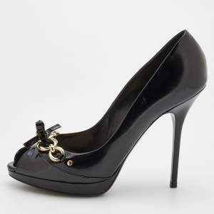 Dior Black Leather Bow Chain Detail Peep Toe Platform Pumps Size 41