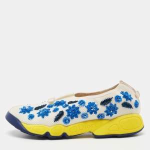 Pre Owned Dior White/Blue Mesh Fusion Floral Sequins Embellished Slip On Sneakers Size 37