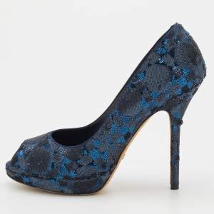 Dior Blue Sequin Embellished Satin Peep Toe Pumps Size 39