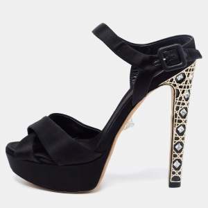 Pre Owned Dior Black Satin Crystal Embellished Cannage Heel Ankle-Strap Platform Sandals Size 37