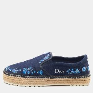 Dior Navy Blue Floral Embroidered Denim Prairie Espadrille Slip On Sneakers Size 39.5