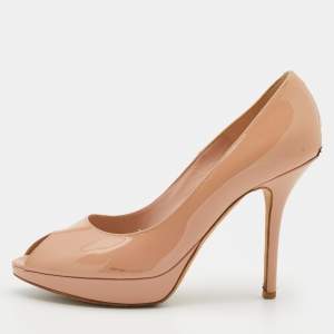 Pre Owned Dior Beige Patent Leather Miss Dior Peep Toe Platform Pumps Size 38