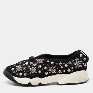 Pre Owned Dior Black Crystal Embellished Mesh Fusion Slip-On Sneakers Size 36.5