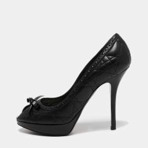 Dior Black Cannage Leather Bow Peep Toe Platform Pumps Size 37.5