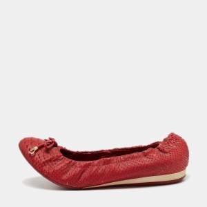 Pre Owned Dior Red Python Bow Scrunch Ballet Flats Size 37.5