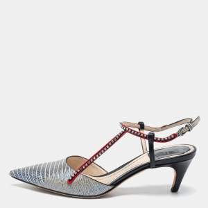 Pre Owned Dior Tri-Color Lizard Embossed Leather Strass T-Strap Pointed Toe Pumps Size 37