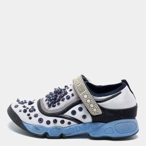 Dior White/Blue Fabric Fusion Low Top Sneakers Size 37.5