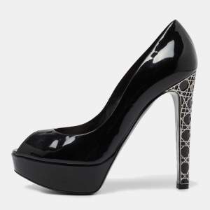 Dior Black Patent Leather Peep Toe Cannage Heel Platform Pumps Size 37.5