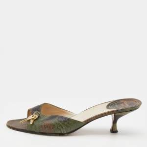 Pre Owned Dior Multicolor Textured Leather Lock Key Slide Sandals Size 38.5