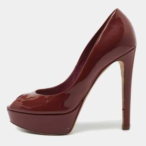 Pre Owned Dior Brown Patent Leather Miss Dior Peep Toe Platform Pumps Size 37